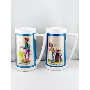 Vintage 1976 Thermo Serv Insulated Tankard Mugs, Set Of 2 Featuring Golf Humor
